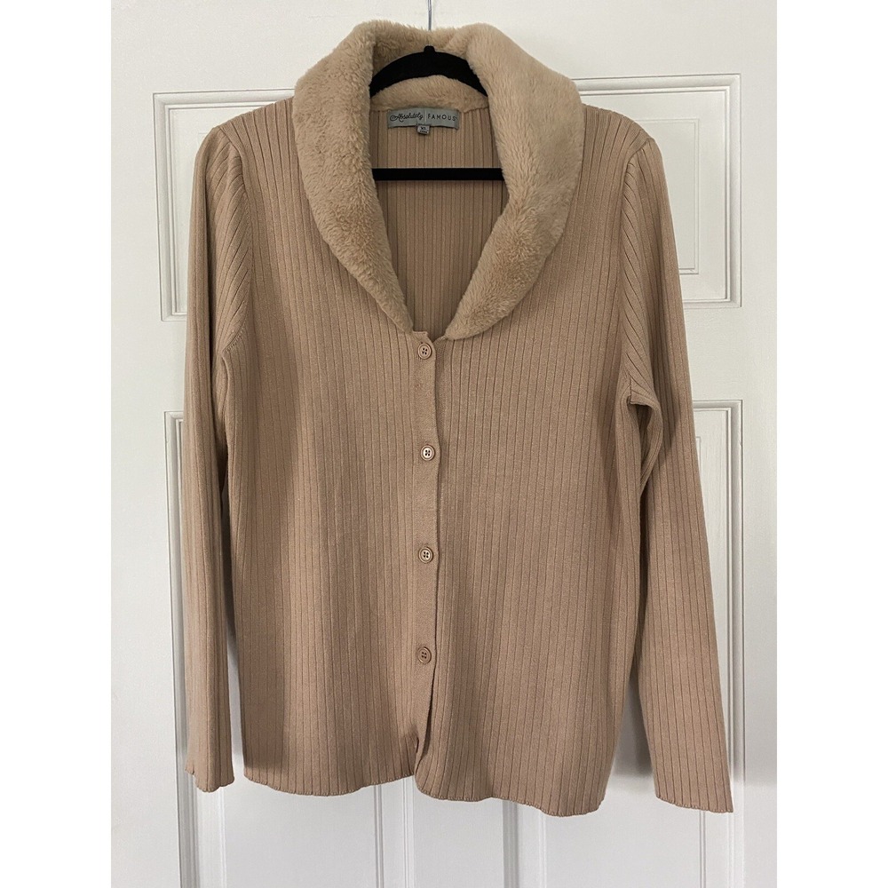 Absolutely‎ Famous Women's SZ XL Cardigan Faux Fur Ribbed Button Tan Long Sleeve